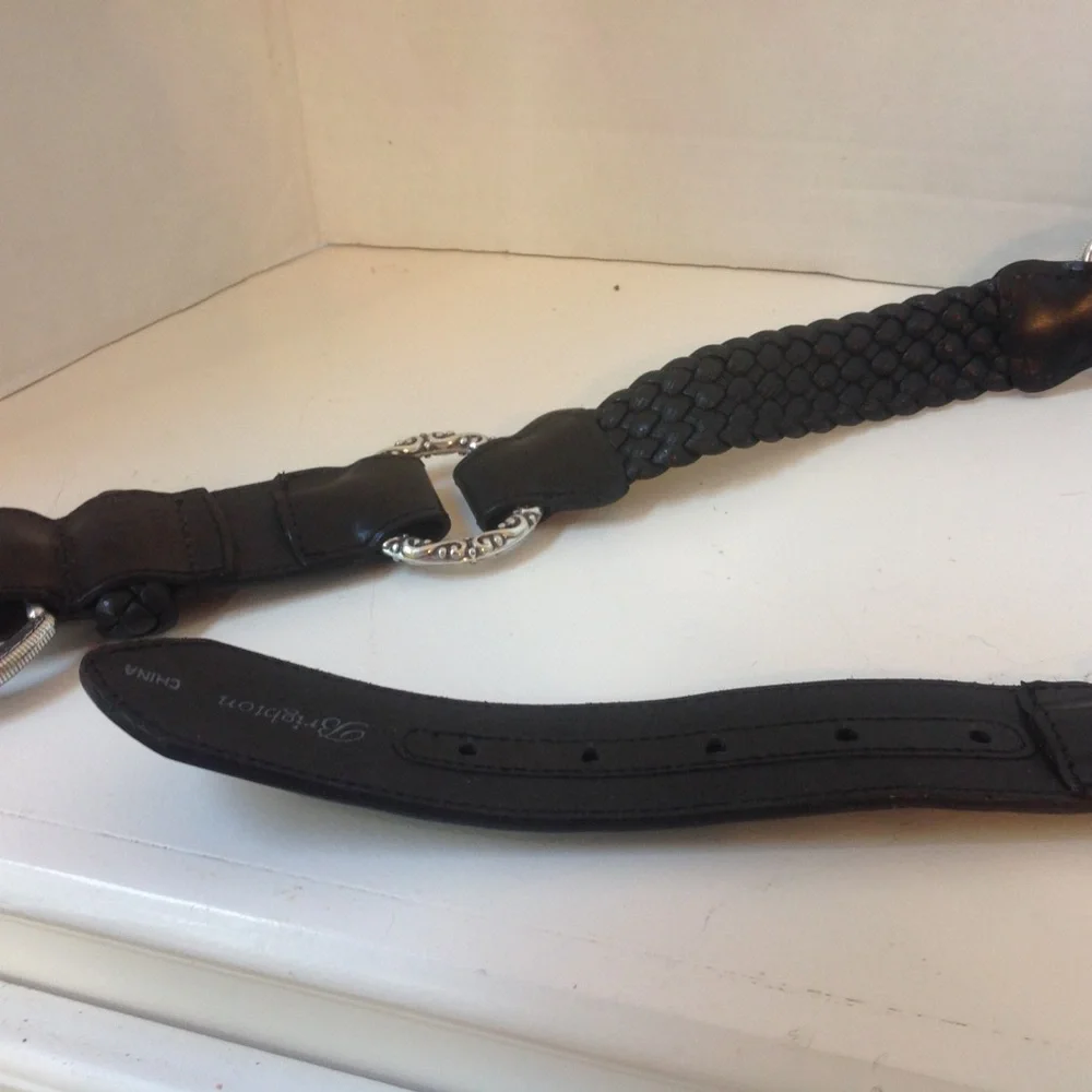 Brighton Black Leather Belt Silver Braided